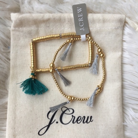 J. Crew Jewelry - J. Crew Bead and Tassel Gold Dark Jade Bracelets